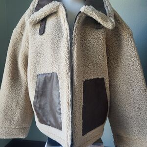 Levi's Cream Sherpa Bomber Jacket with Brown Patch Accents